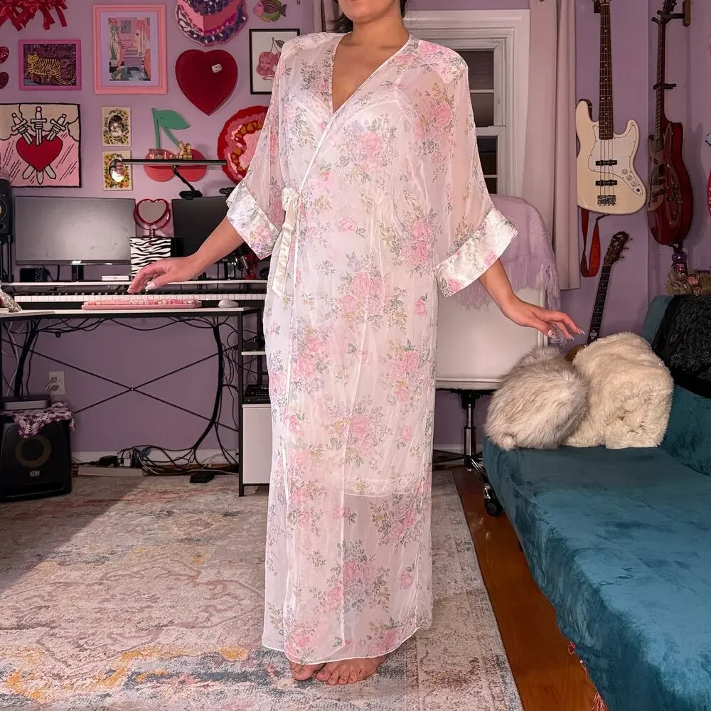 Vintage 80s sheer floral coquette robe - Picture 1 of 9